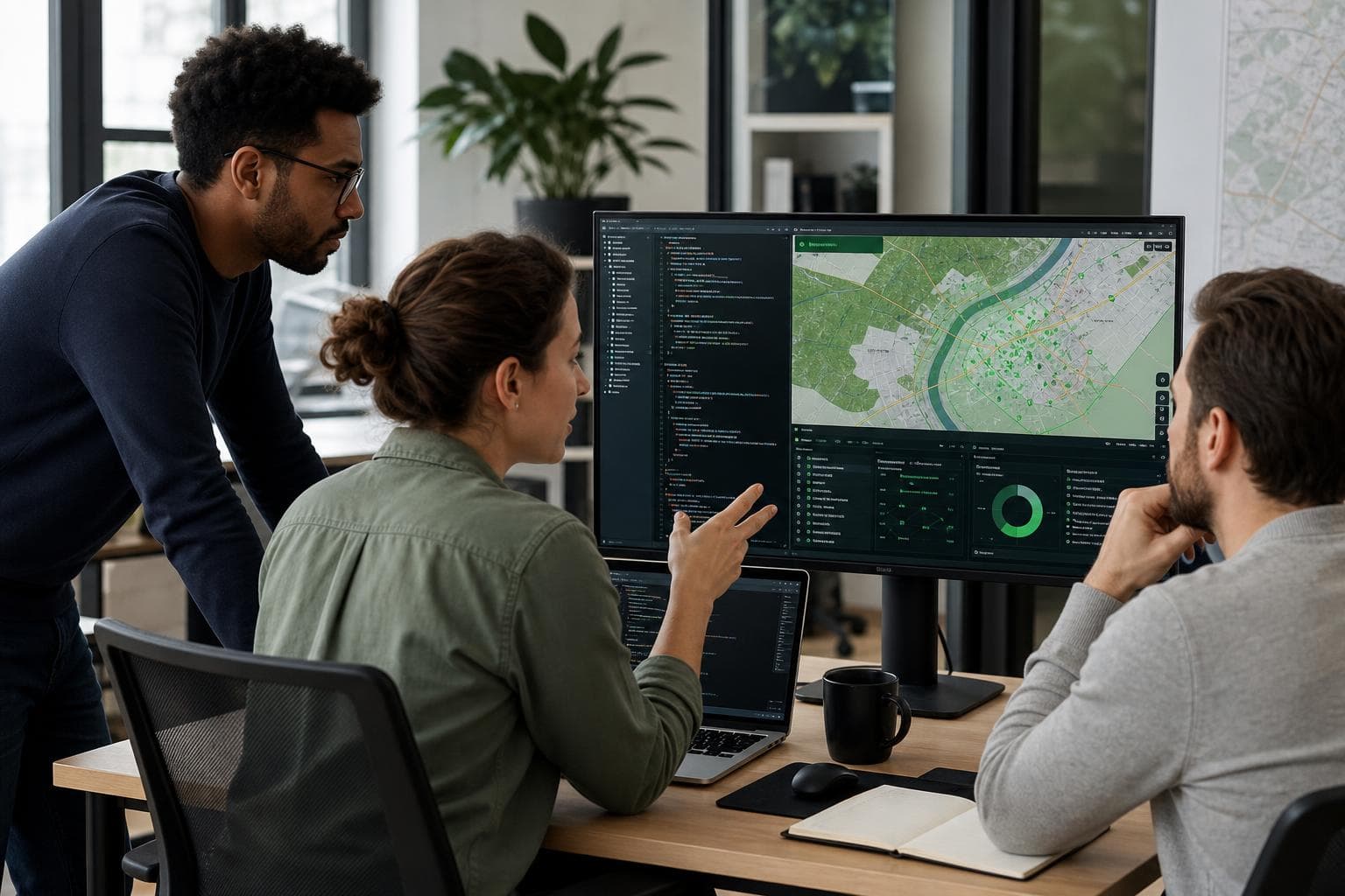 Software engineers collaborating on a Web-GIS platform